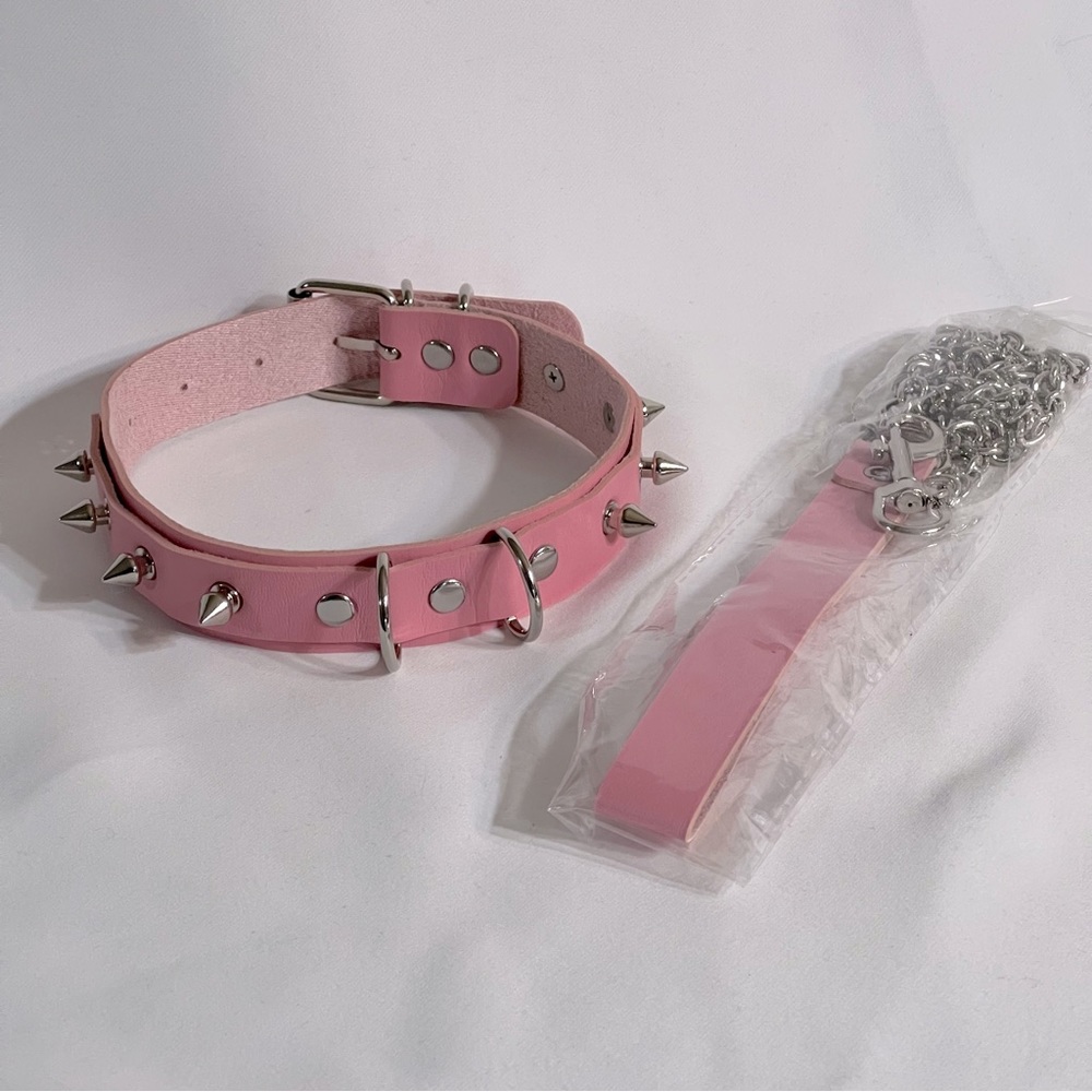 Spiked Pink Dog Collar & Leash